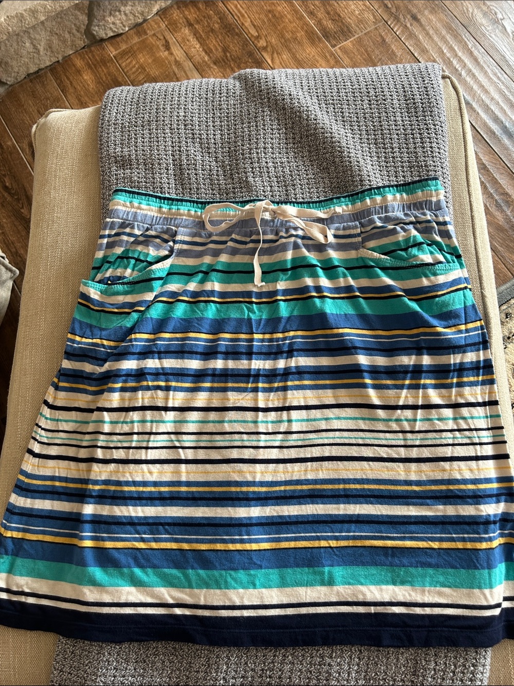 Max Studio Tie Waist Stripe Midi Skirt in Blue, Teal, Navy & Cream | Size Large